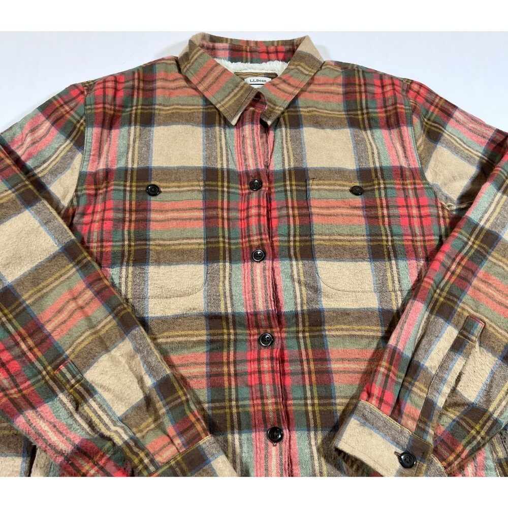 LL Bean Plaid Sherpa Lined Flannel Shirt Jacket Shacket Relaxed Women's Large - Picture 3 of 10
